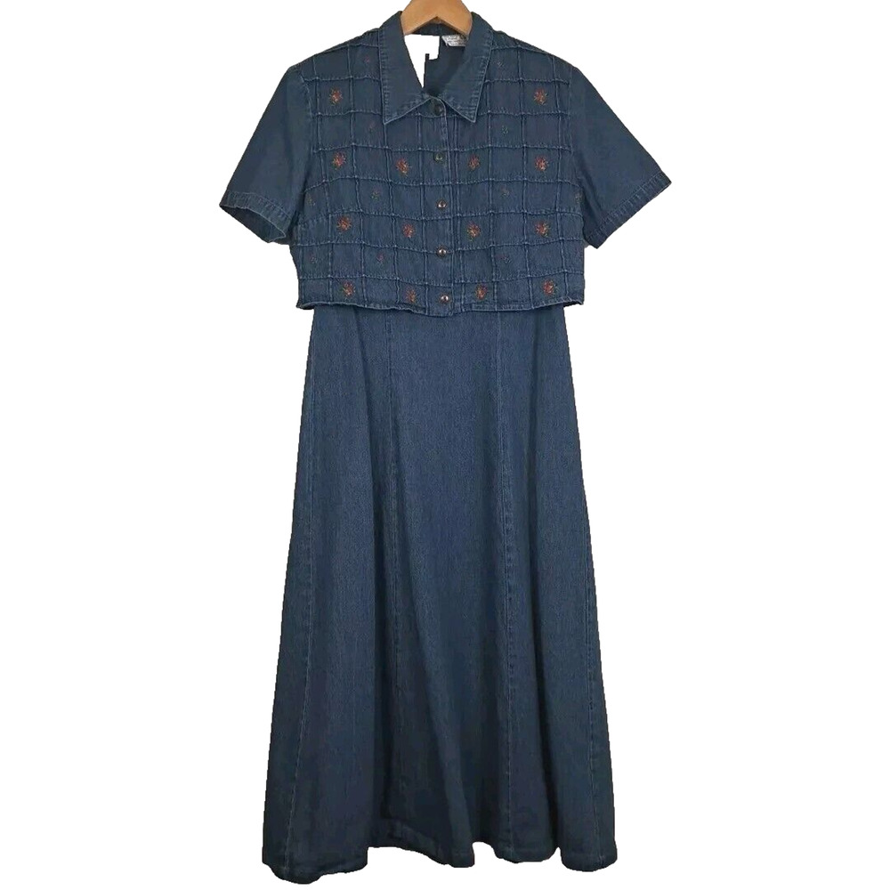 VTG Karin Stevens Jumper Jacket Midi Dress Womens 10 Blue Cotton Denim Modest